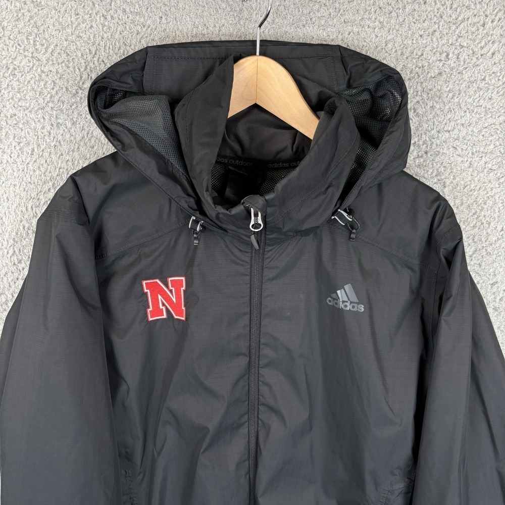 Nebraska Huskers Windbreaker Rain Jacket Mens Medium Black Adidas Hooded - Picture 2 of 9